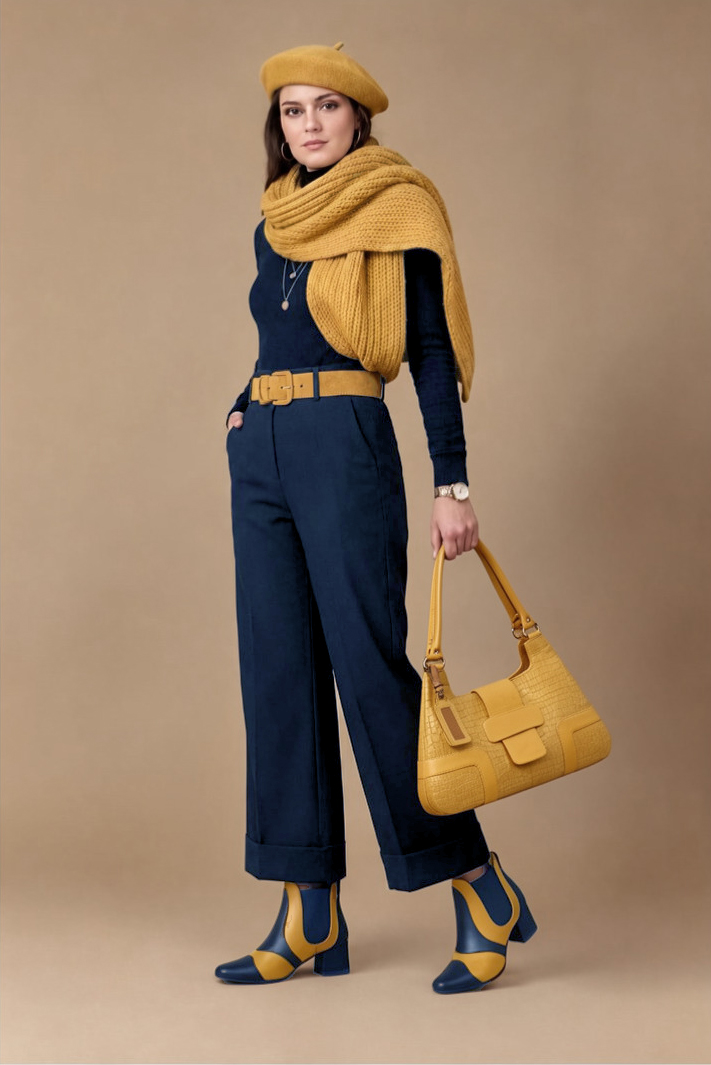 Women's navy blue and ochre yellow two-tone chelsea boots with round toe and low flared heel - Top view